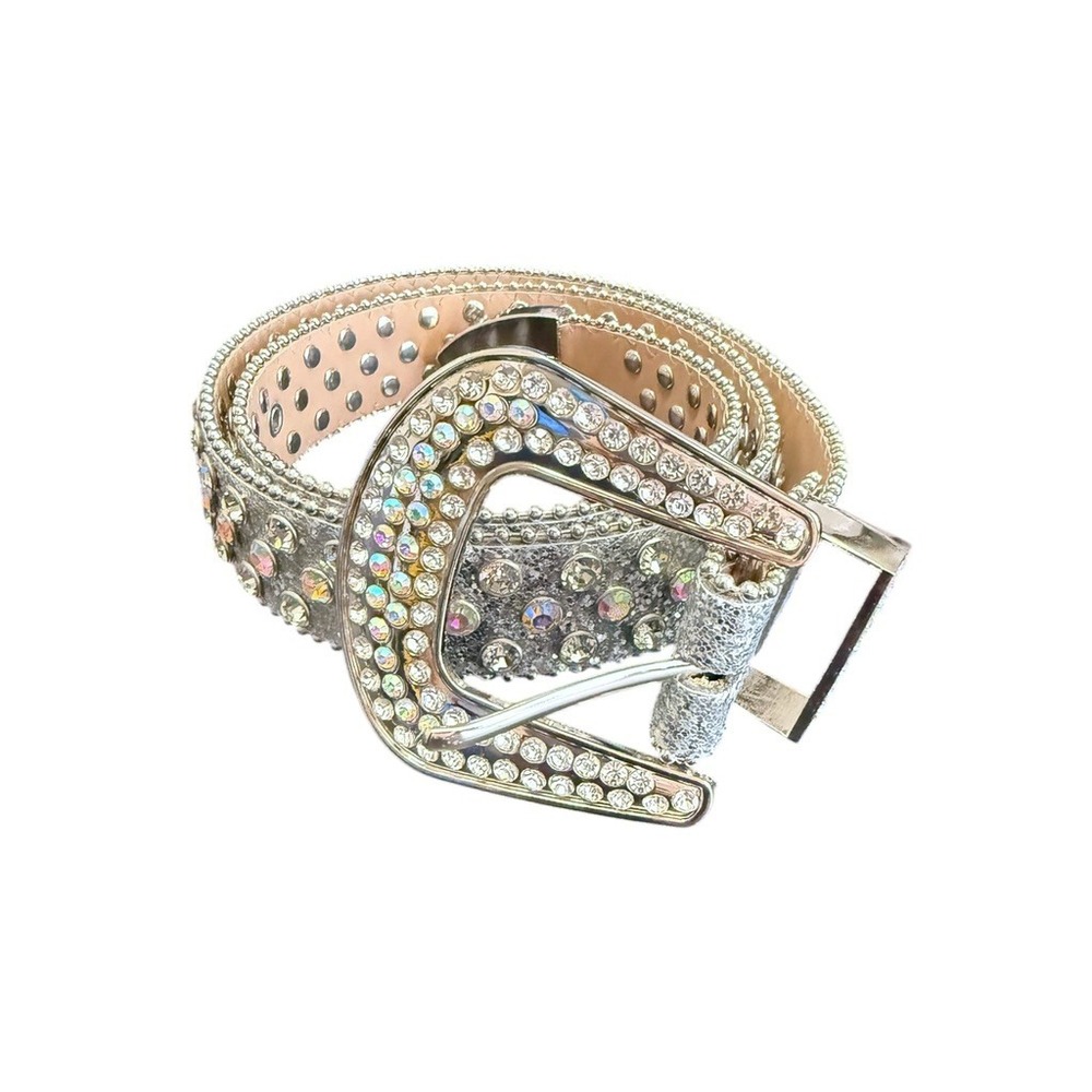 Silver Glitter Rhinestone Western Belt AB Crystal Bling‎ Studded Y2K Glam 43"